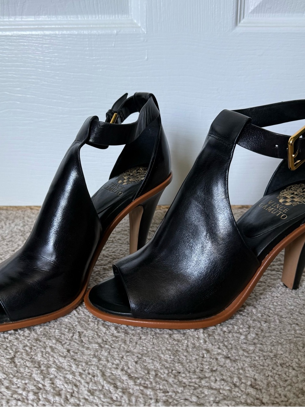Vince Camuto Black Leather Peep-Toe Ankle  Strap Bootie Heels with Tan Trim